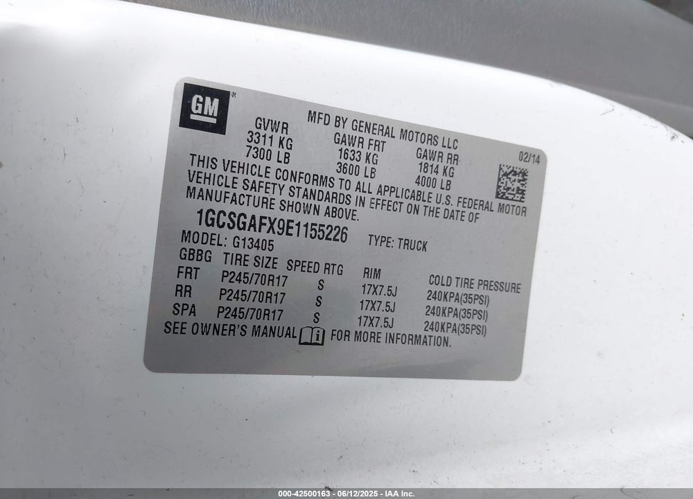 2014 CHEVROLET EXPRESS 1500 WORK VAN VIN: 1GCSGAFX9E1155226