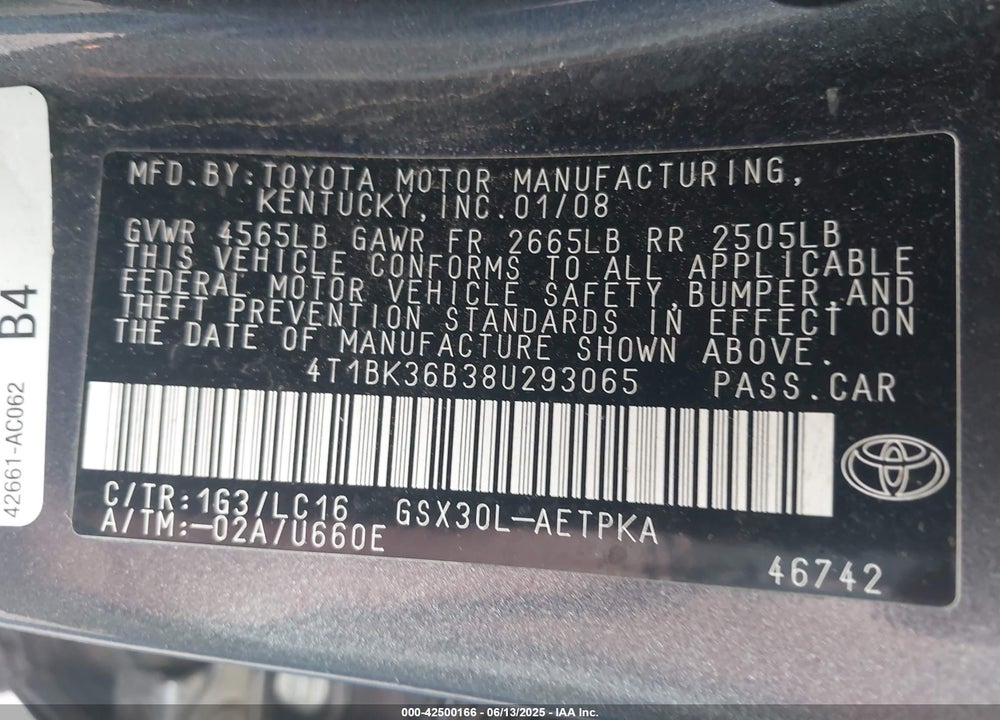 2008 TOYOTA AVALON VIN: 4T1BK36B38U293065