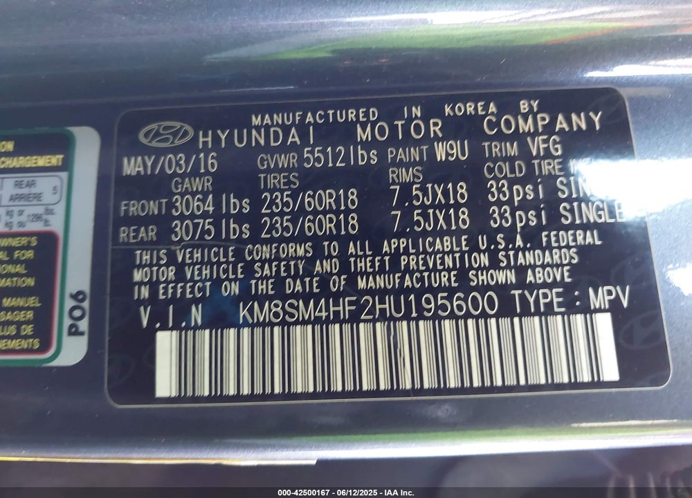 2017 HYUNDAI SANTA FE VIN: KM8SM4HF2HU195600