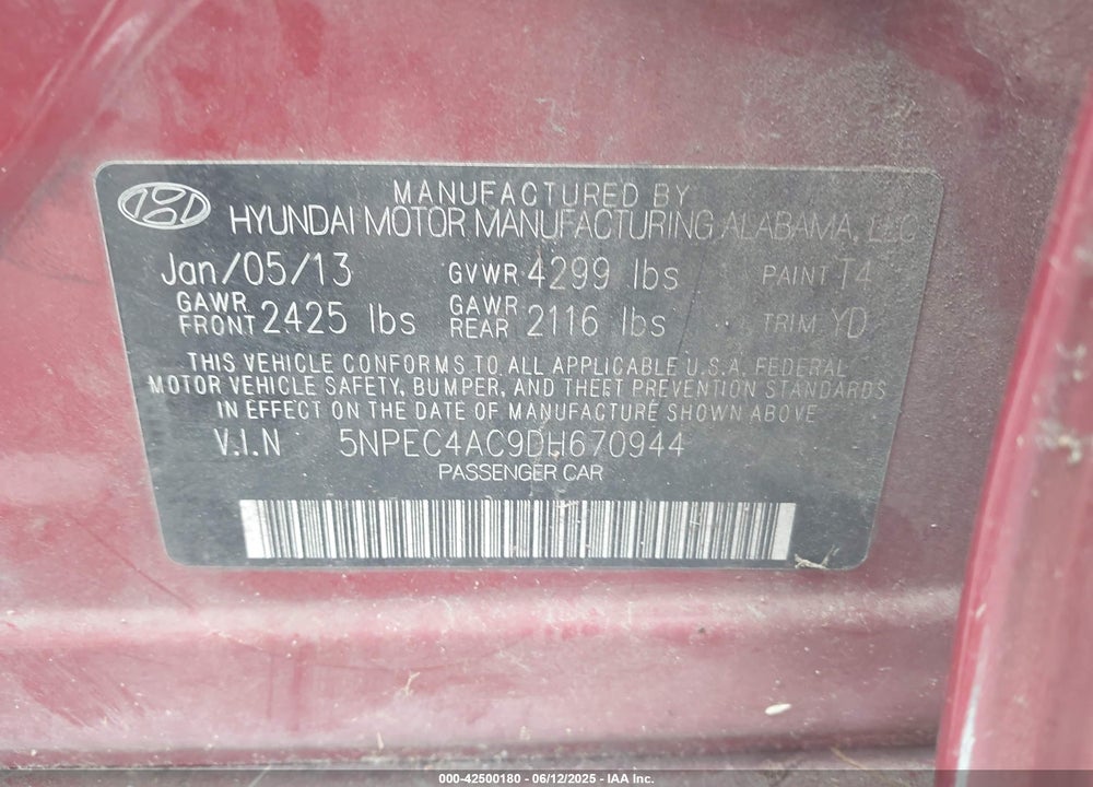 2013 HYUNDAI SONATA LIMITED VIN: 5NPEC4AC9DH670944