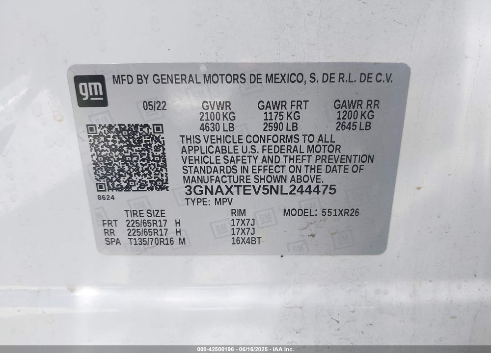 2022 CHEVROLET EQUINOX VIN: 3GNAXTEV5NL244475