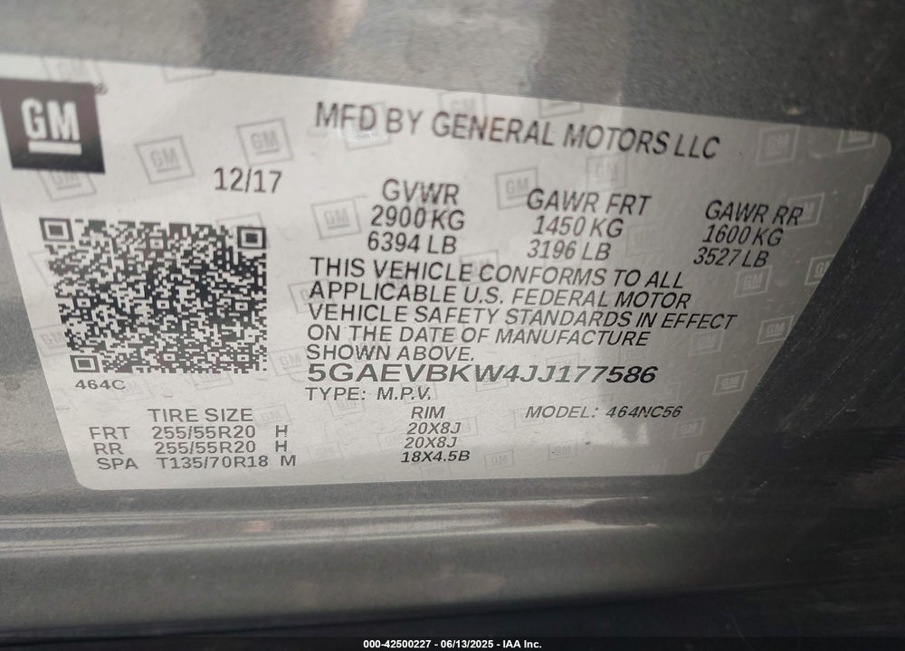 2018 BUICK ENCLAVE VIN: 5GAEVBKW4JJ177586