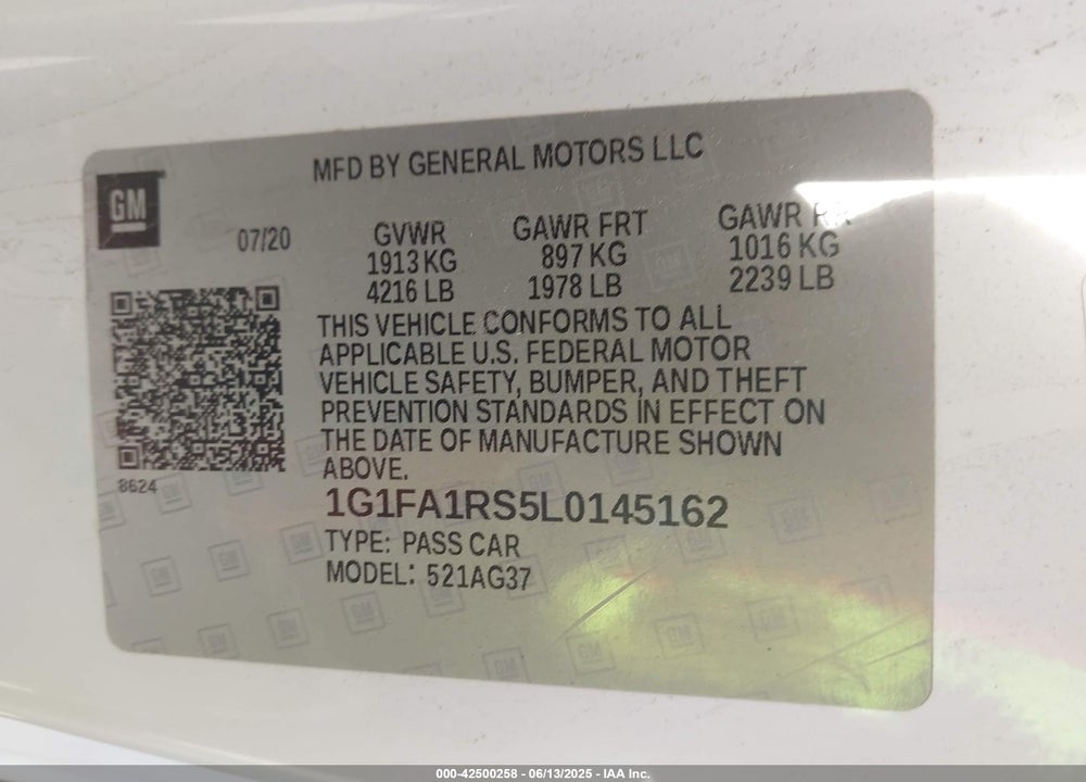 2020 CHEVROLET CAMARO VIN: 1G1FA1RS5L0145162