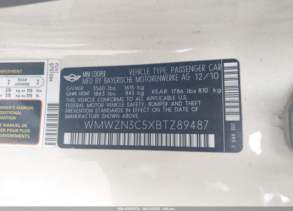 2011 MINI COOPER VIN: WMWZN3C5XBTZ89487