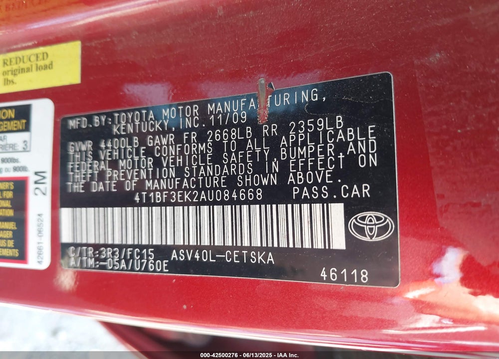 2010 TOYOTA CAMRY VIN: 4T1BF3EK2AU084668