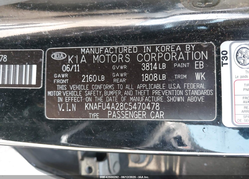 2012 KIA FORTE EX VIN: KNAFU4A28C5470478