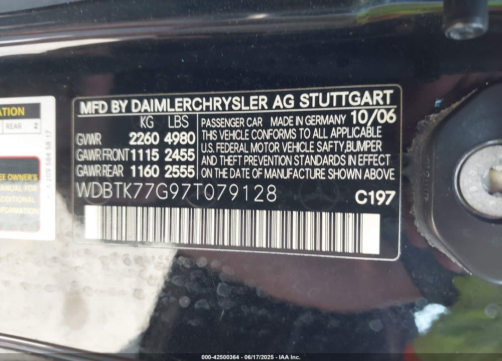 2007 MERCEDES-BENZ CLK VIN: WDBTK77G97T079128