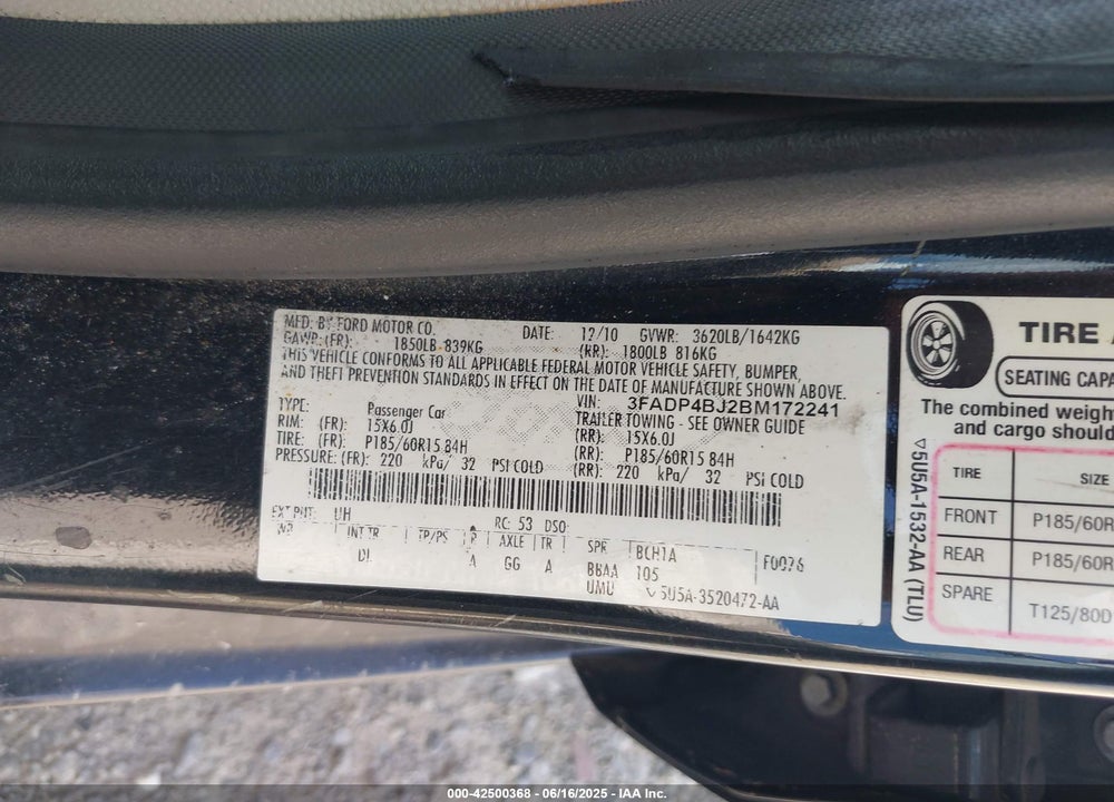 2011 FORD FIESTA SE VIN: 3FADP4BJ2BM172241