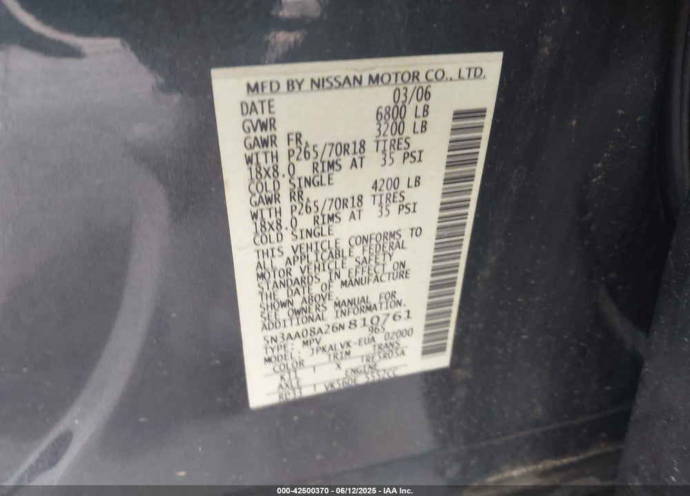 2006 INFINITI QX56 VIN: 5N3AA08A26N810761