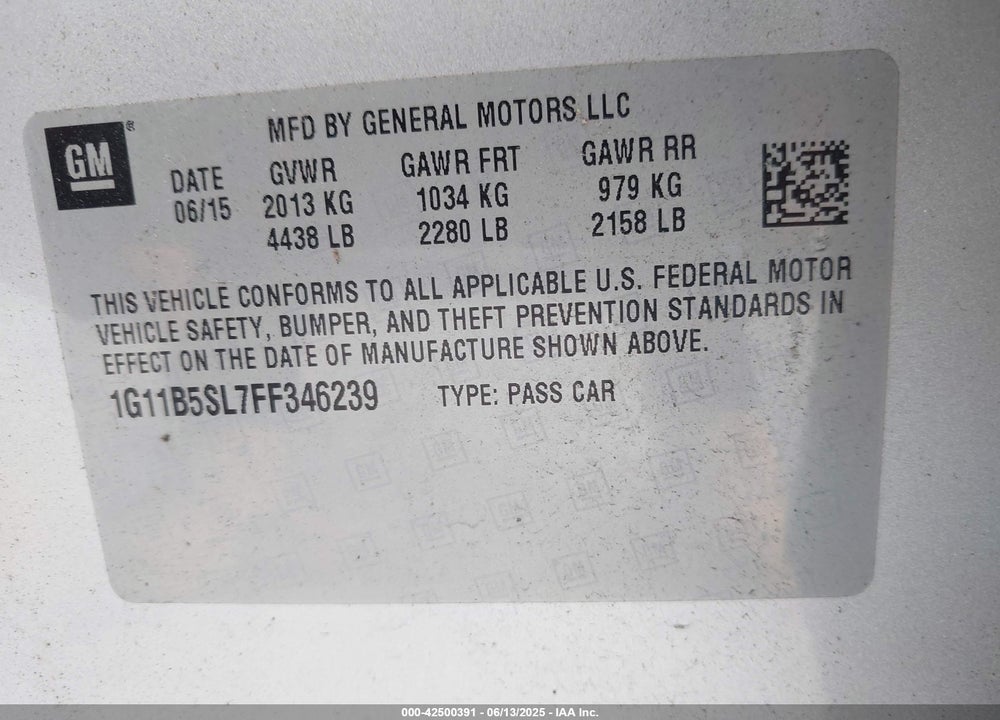 2015 CHEVROLET MALIBU LS VIN: 1G11B5SL7FF346239