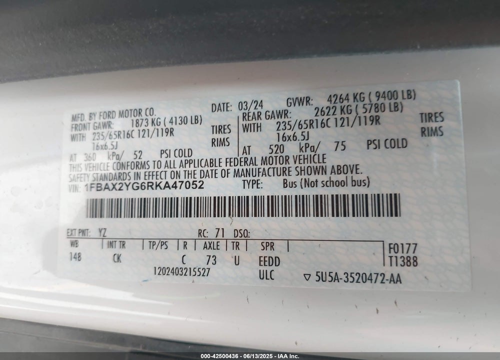 2024 FORD TRANSIT-350 PASSENGER VAN XLT VIN: 1FBAX2YG6RKA47052
