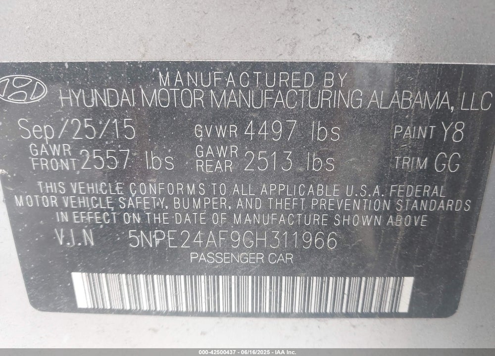 2016 HYUNDAI SONATA VIN: 5NPE24AF9GH311966