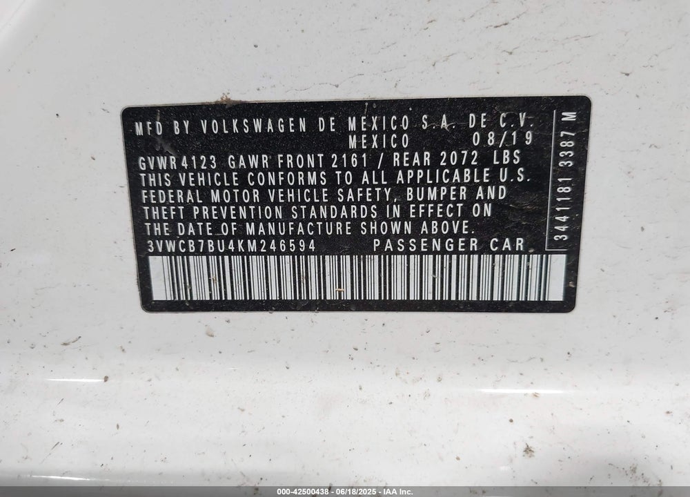 2019 VOLKSWAGEN JETTA VIN: 3VWCB7BU4KM246594