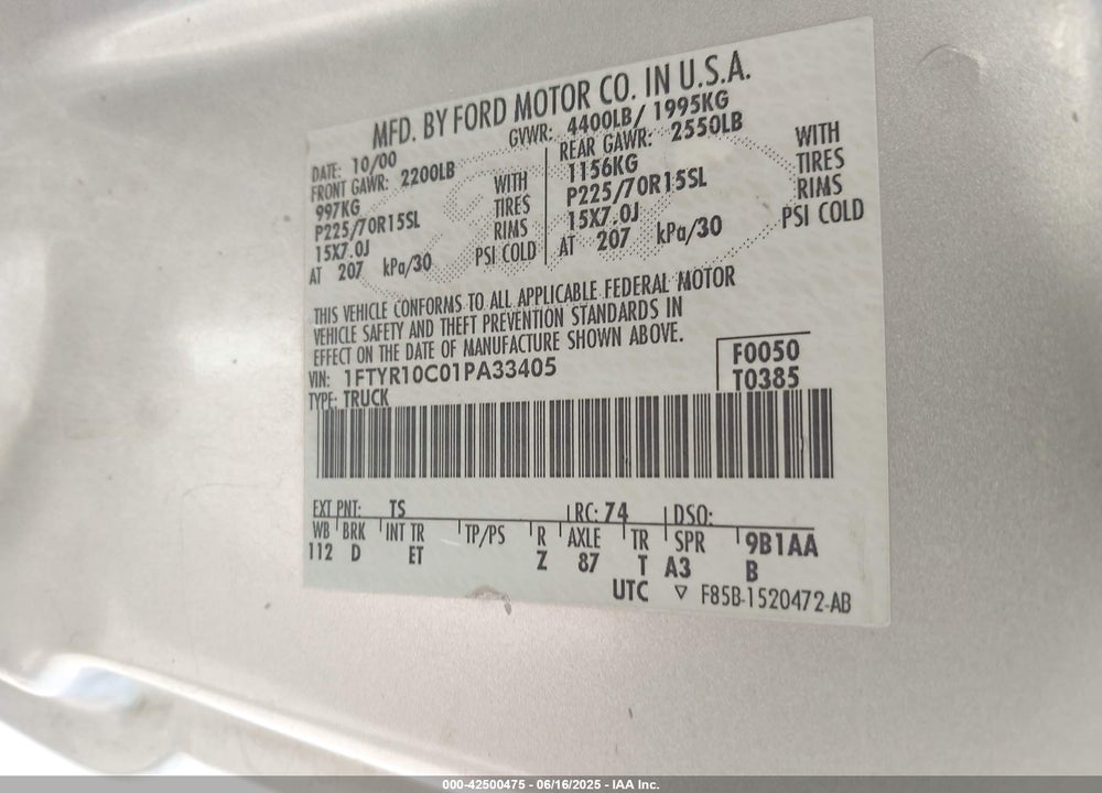 2001 FORD RANGER XL/XLT VIN: 1FTYR10C01PA33405