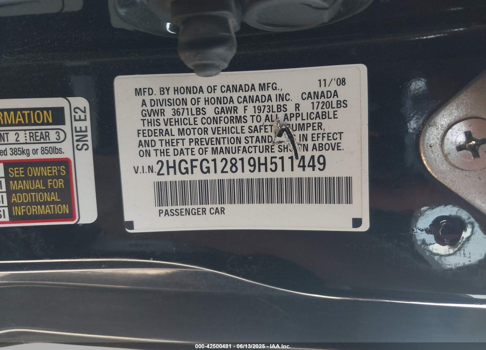 2009 HONDA CIVIC EX VIN: 2HGFG12819H511449
