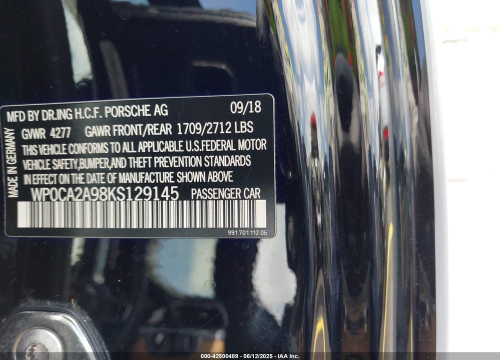 2019 PORSCHE 911 VIN: WP0CA2A98KS129145