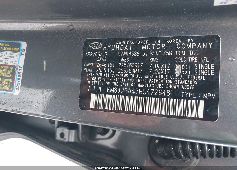 2017 HYUNDAI TUCSON VIN: KM8J23A47HU472648