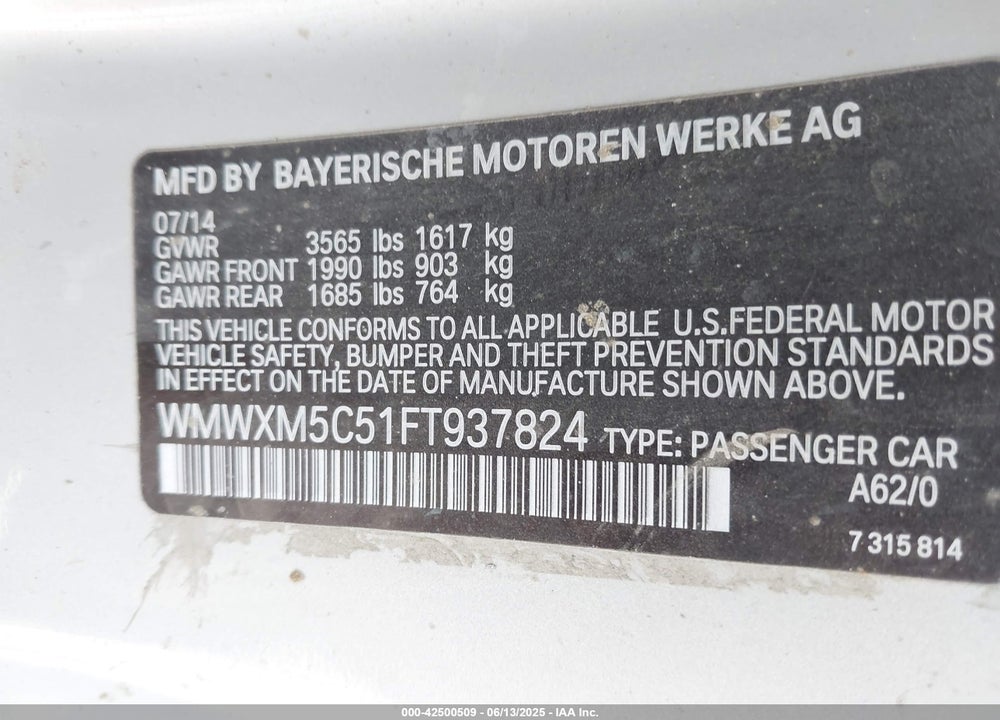 2015 MINI HARDTOP VIN: WMWXM5C51FT937824