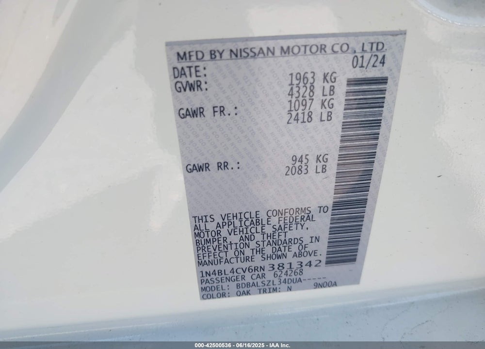 2024 NISSAN ALTIMA VIN: 1N4BL4CV6RN381342