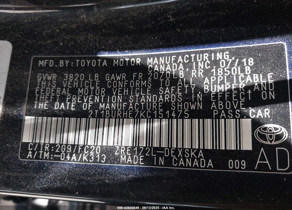 2019 TOYOTA COROLLA VIN: 2T1BURHE7KC151475