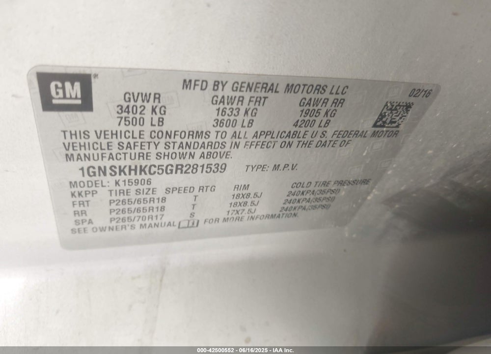 2016 CHEVROLET SUBURBAN VIN: 1GNSKHKC5GR281539