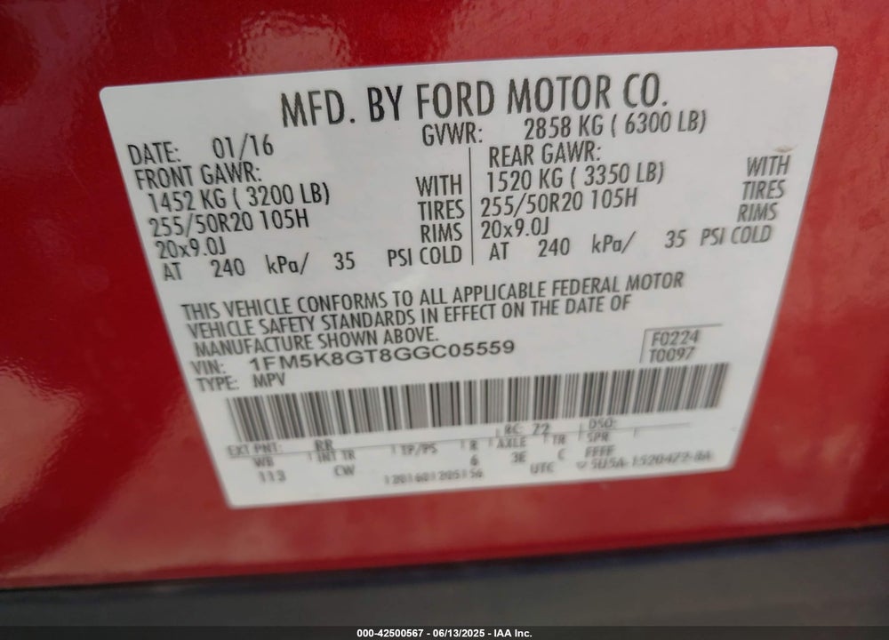 2016 FORD EXPLORER SPORT VIN: 1FM5K8GT8GGC05559