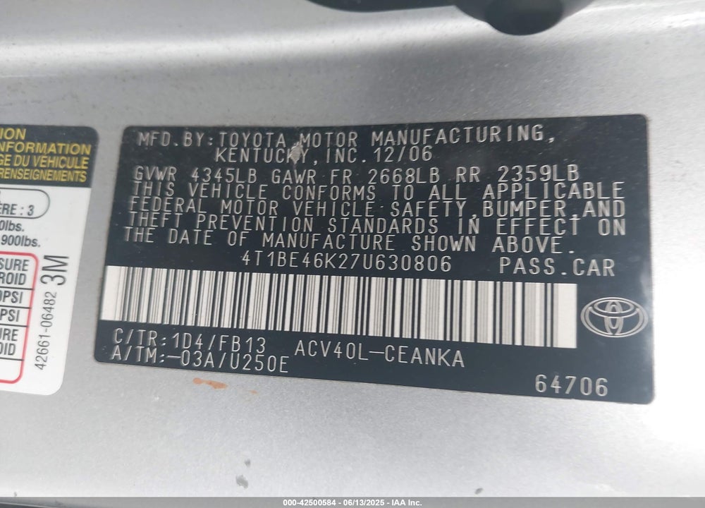 2007 TOYOTA CAMRY LE VIN: 4T1BE46K27U630806