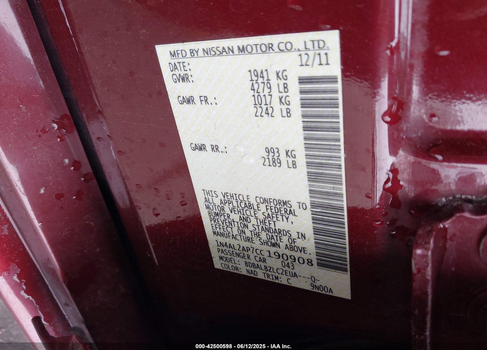 2012 NISSAN ALTIMA VIN: 1N4AL2AP7CC190908