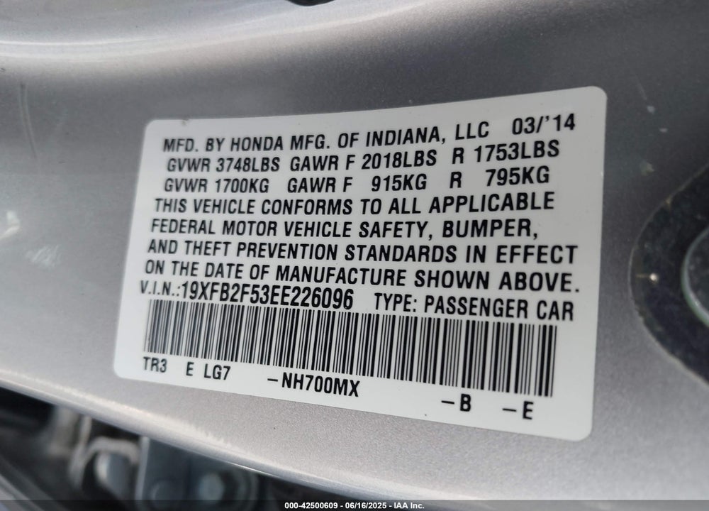 2014 HONDA CIVIC LX VIN: 19XFB2F53EE226096