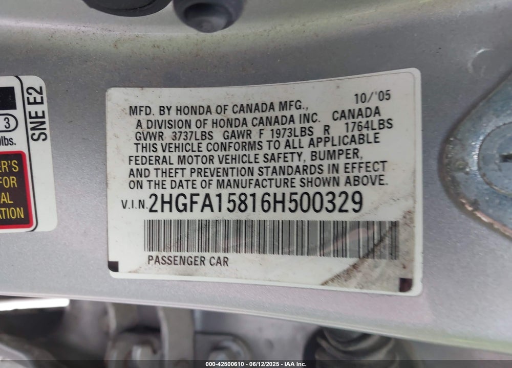 2006 HONDA CIVIC VIN: 2HGFA15816H500329