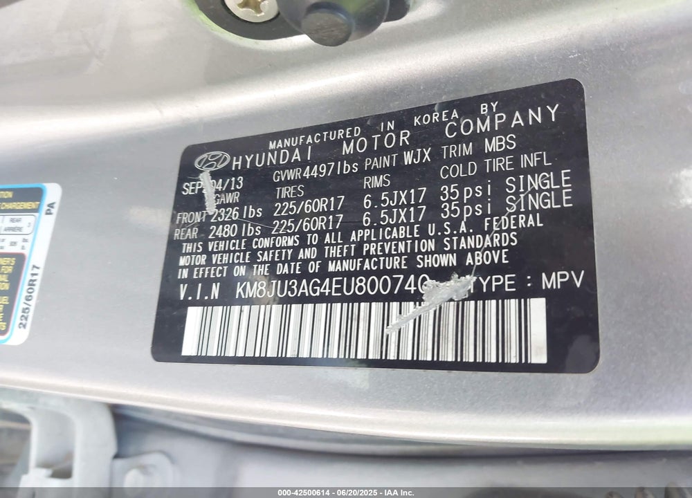 2014 HYUNDAI TUCSON VIN: KM8JU3AG4EU800740