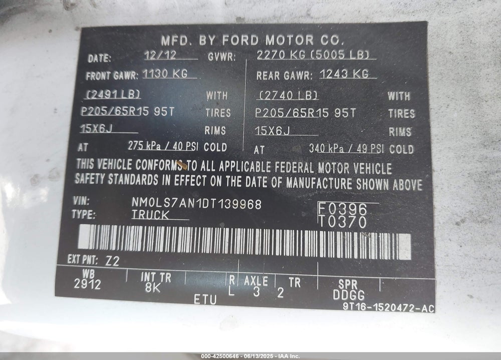 2013 FORD TRANSIT CONNECT XL VIN: NM0LS7AN1DT139968