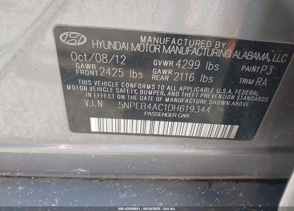2013 HYUNDAI SONATA VIN: 5NPEB4AC1DH619344