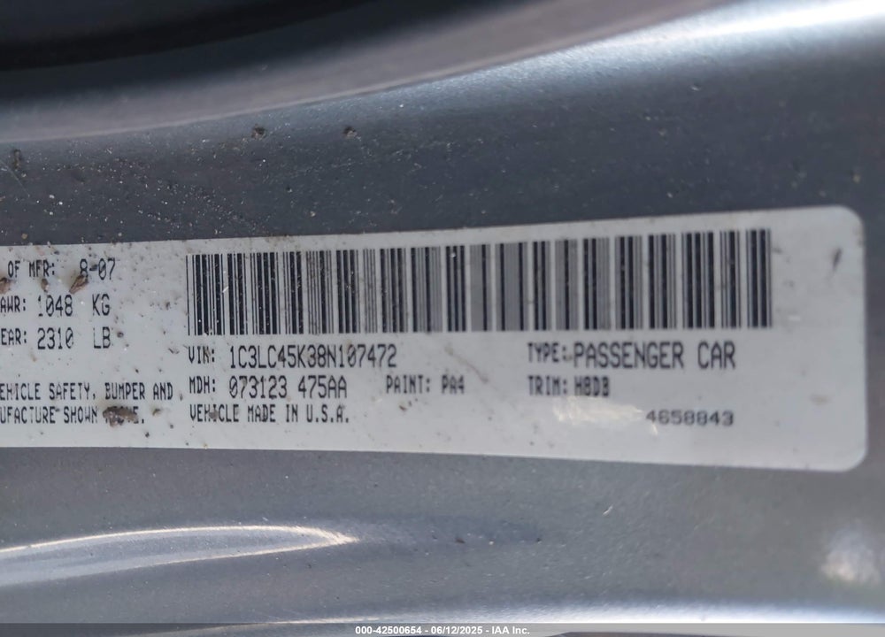 2008 CHRYSLER SEBRING LX VIN: 1C3LC45K38N107472