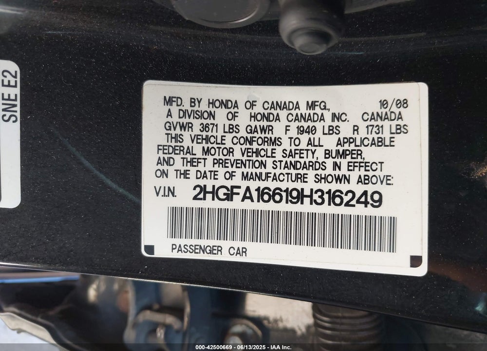2009 HONDA CIVIC LX-S VIN: 2HGFA16619H316249