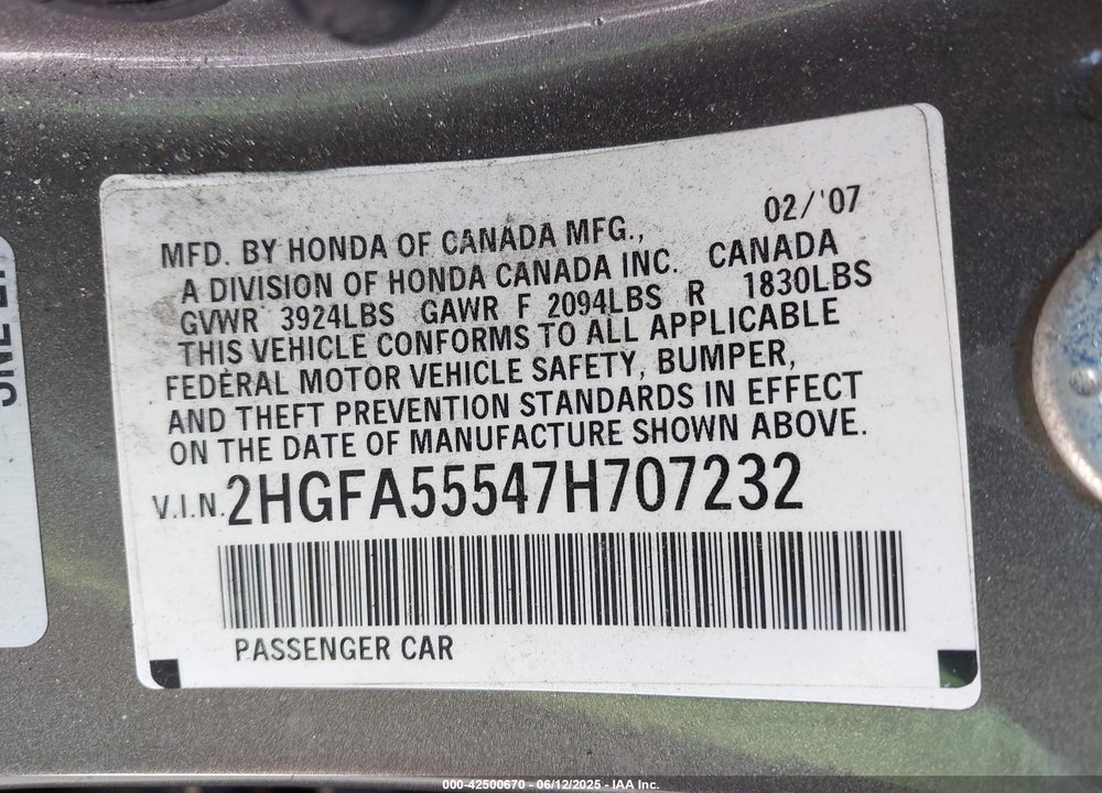 2007 HONDA CIVIC VIN: 2HGFA55547H707232