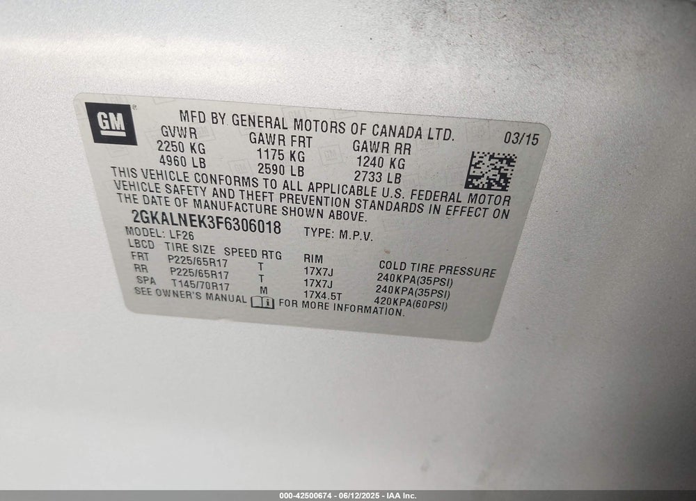 2015 GMC TERRAIN VIN: 2GKALNEK3F6306018