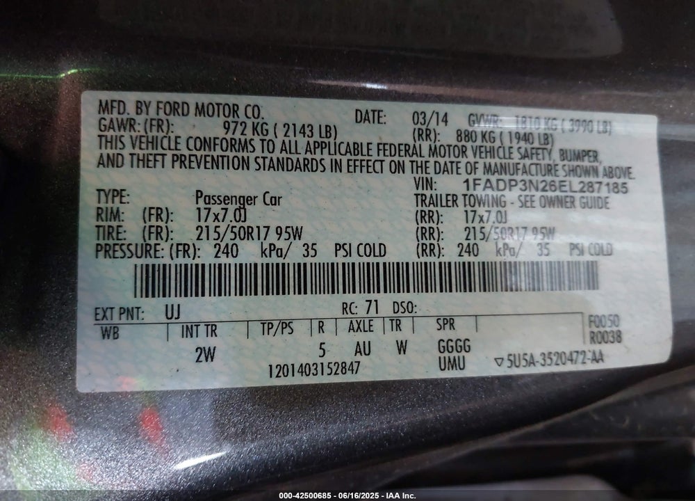 2014 FORD FOCUS VIN: 1FADP3N26EL287185