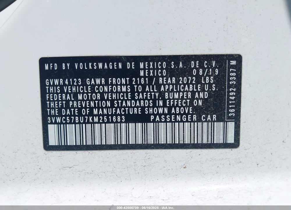 2019 VOLKSWAGEN JETTA VIN: 3VWC57BU7KM251683