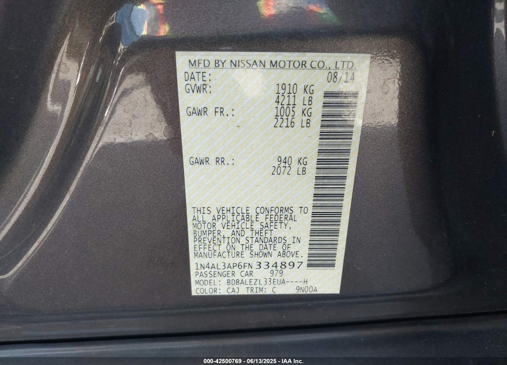 2015 NISSAN ALTIMA VIN: 1N4AL3AP6FN334897