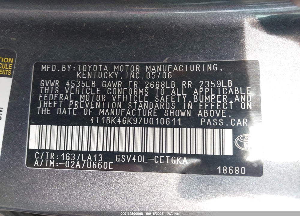 2007 TOYOTA CAMRY XLE V6 VIN: 4T1BK46K97U010611