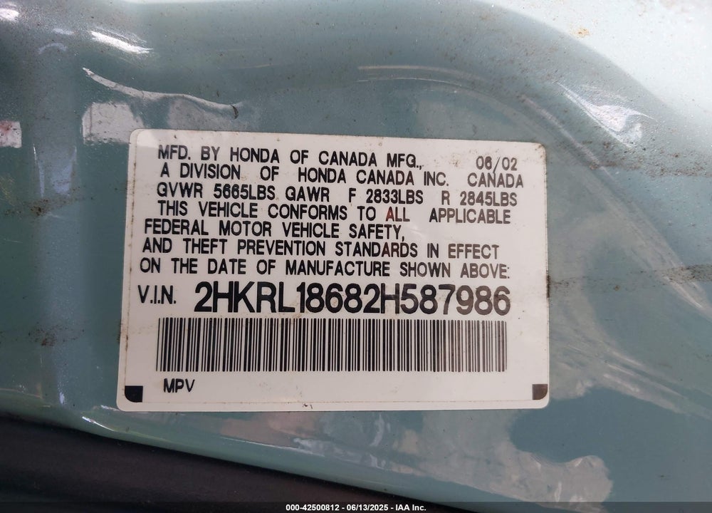 2002 HONDA ODYSSEY EX VIN: 2HKRL18682H587986