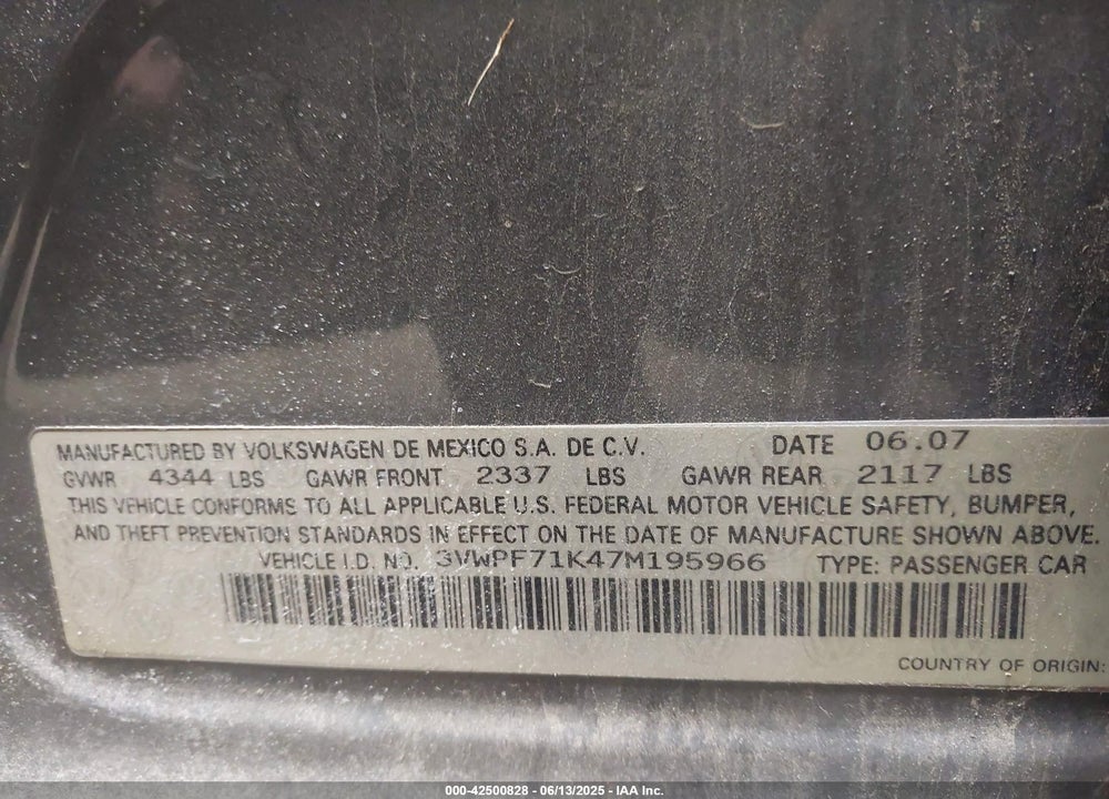 2007 VOLKSWAGEN JETTA VIN: 3VWPF71K47M195966