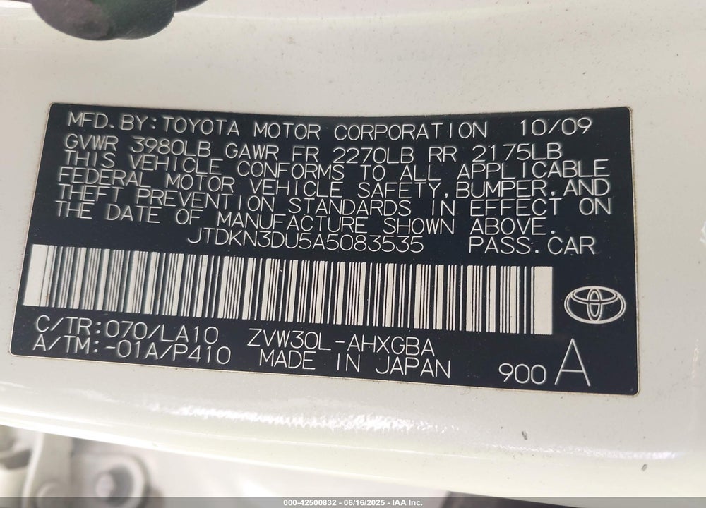 2010 TOYOTA PRIUS VIN: JTDKN3DU5A5083535