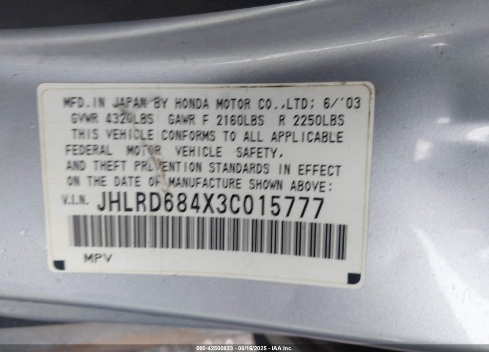 2003 HONDA CR-V LX VIN: JHLRD684X3C015777