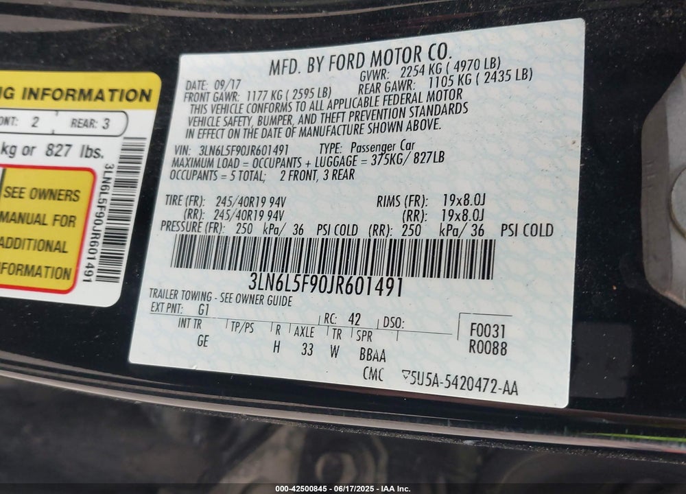 2018 LINCOLN MKZ RESERVE VIN: 3LN6L5F90JR601491