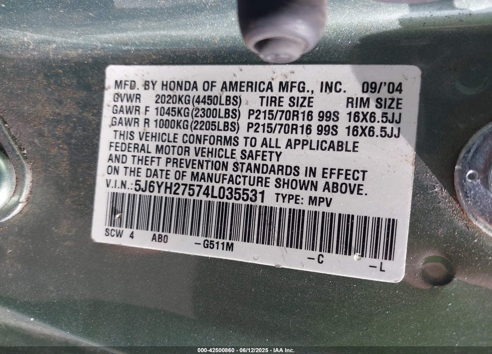2004 HONDA ELEMENT EX VIN: 5J6YH27574L035531