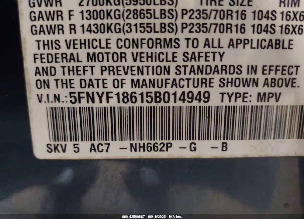 2005 HONDA PILOT EX-L VIN: 5FNYF18615B014949