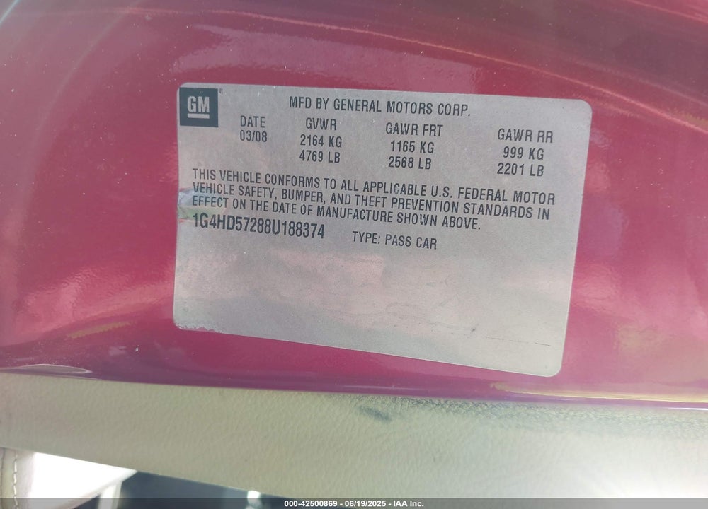 2008 BUICK LUCERNE CXL VIN: 1G4HD57288U188374