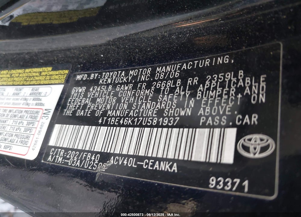 2007 TOYOTA CAMRY VIN: 4T1BE46K17U581937